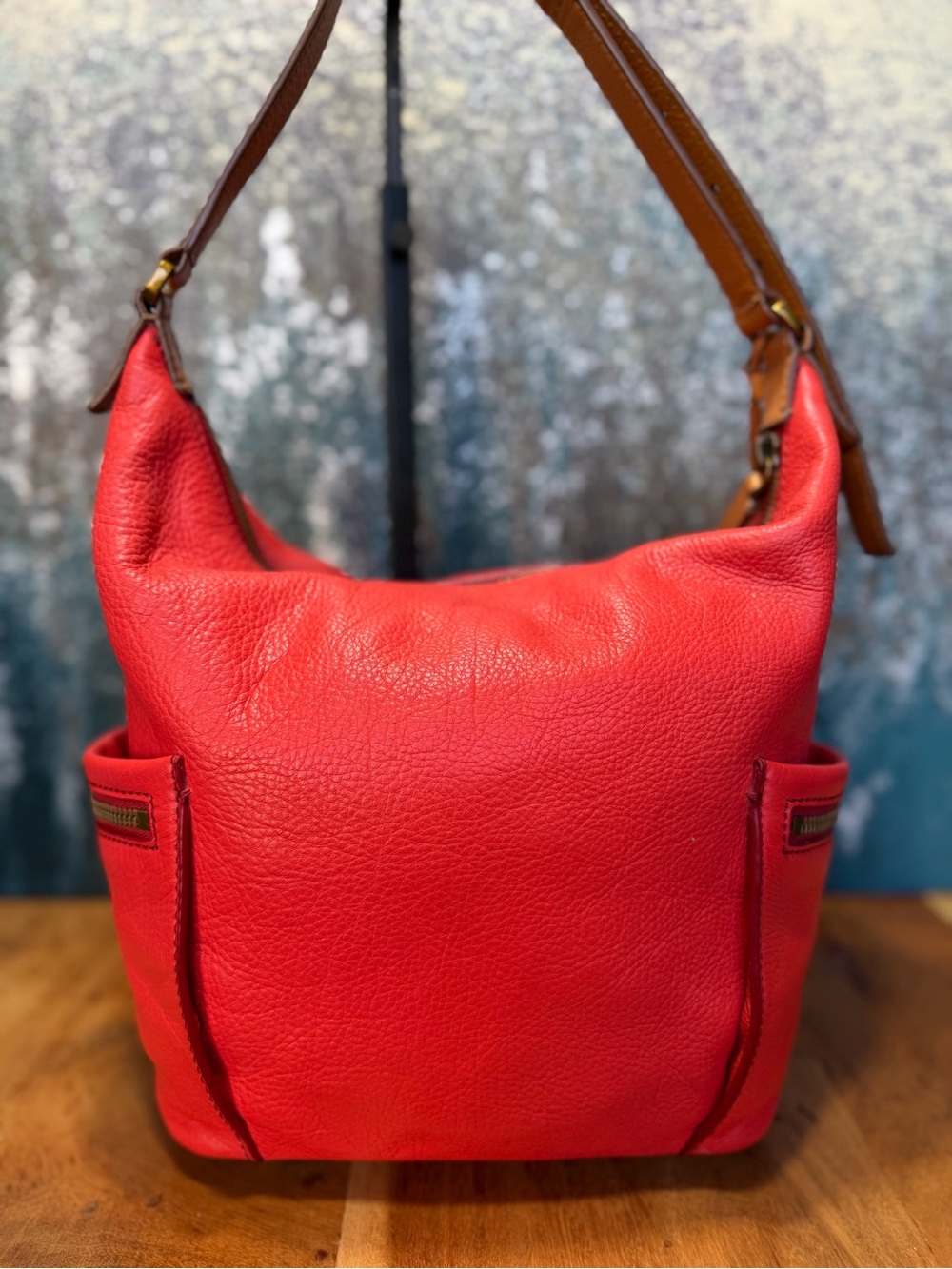 Fossil Rare Boho 2010s Emerson Crimson Red Pebbled Leather Hobo Bag - Picture 5 of 13
